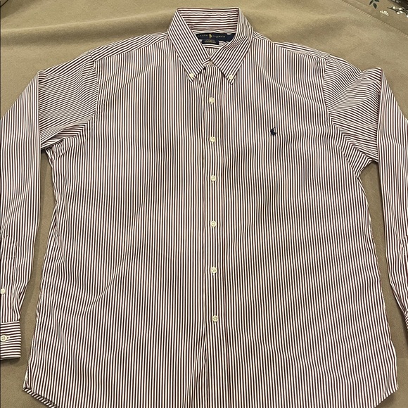 Ralph Lauren Men’s Classic Fit Striped Dress Shirt - White & Burgundy/Brown - Picture 2 of 7